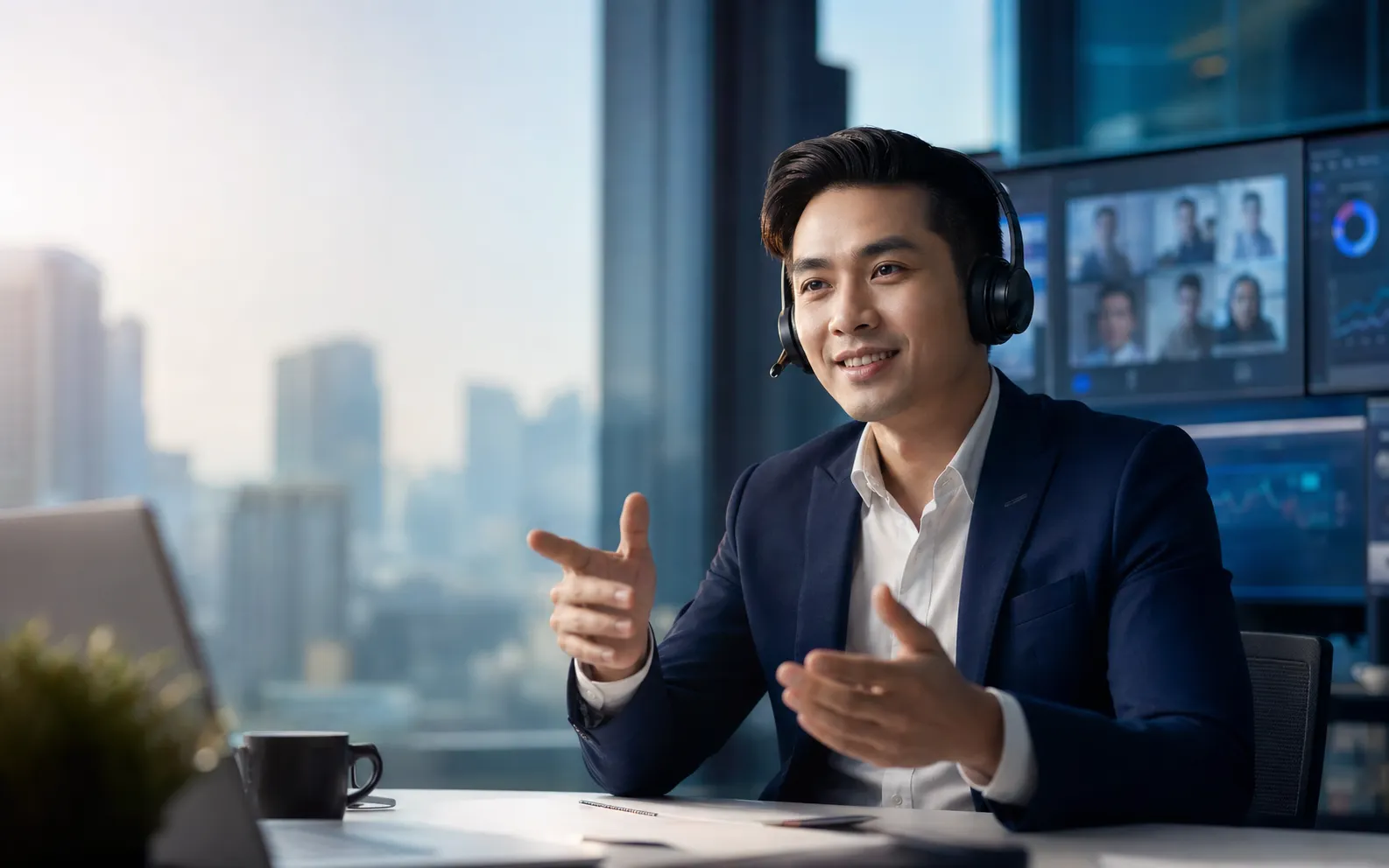 Professional with wireless headset on a video call, Voice & UC